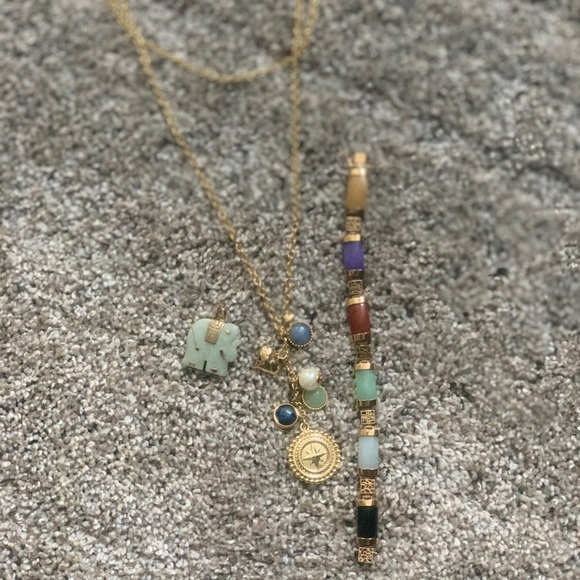 Talbots 2 layer gold chain 7 charms multi color bracelet and jade/gold pendant. - Picture 1 of 8